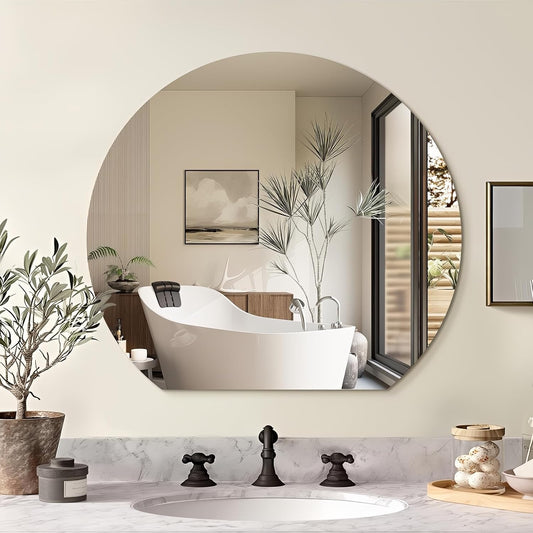 Half Moon Bathroom Mirror 24", Modern Frameless Wall Mirror, Hanging Decorative Vanity Mirror, Minimalist Explosion Proof Semi Circle Mirror for Living Room Bedroom Entryway, Down Cut
