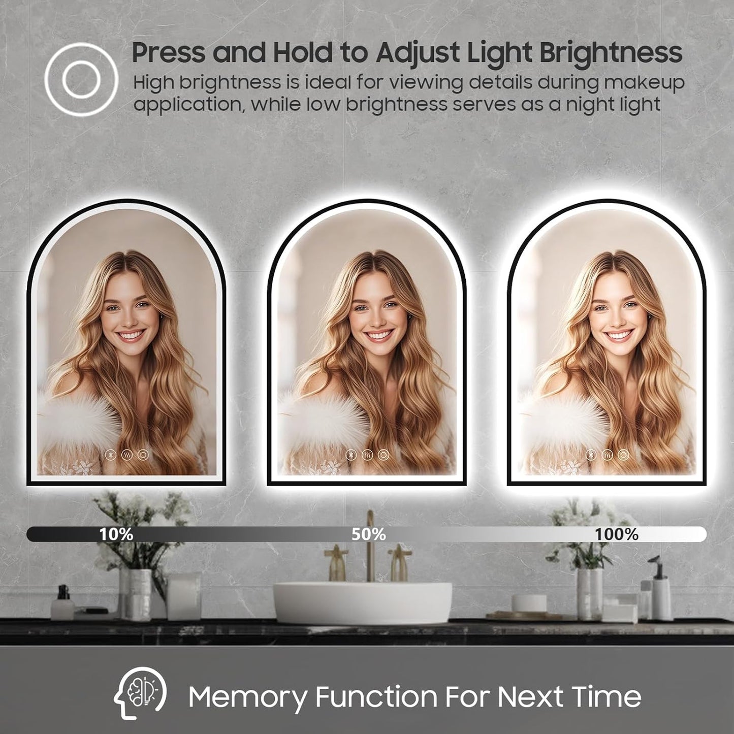 20x30 Inch Arch LED Bathroom Mirror with Bluetooth, Black Lighted Bathroom Mirrors Wall Mounted, Vanity Mirror with Anti-Fog, Memory Function, 3 Color Temperature, Dimmable Led Mirror for Bathroom