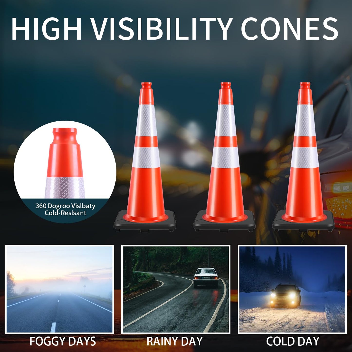 (4 Pack) 28 Inch Traffic Cones,PVC Construction Safety Parking Road Cones w/Reflective Collar, Heavy Duty Base for Traffic Control, Parking Lots and Roadwork, Weatherproof