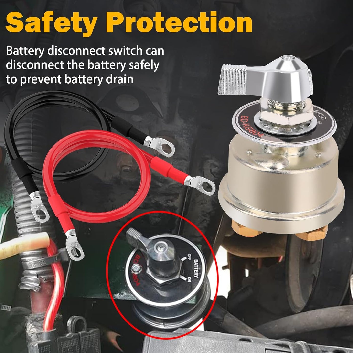 12-48V 200A Master Battery Disconnect Switch & 4 AWG 1FT Battery Cables Set, High Current Battery Power Cutoff Killer Switch for Car Vehicle RV Truck Boat Marine ATV On/Off Battery Isolator Switch