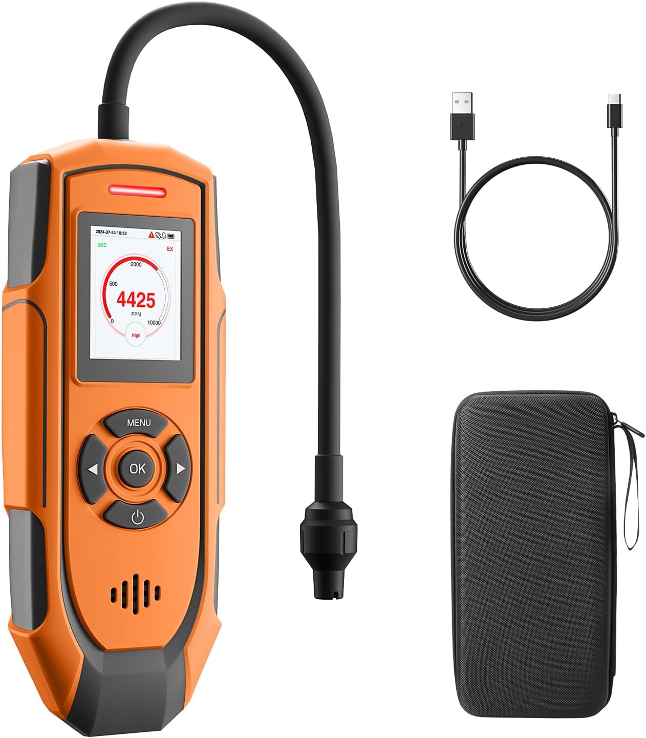 TopTes PT-990 Rechargeable Gas Leak Detector with 11 inch Probe, Detection Range 0-10000 ppm, Data Logging & 3 Types Alarm, Natural Gas Detector for Propane, Methane for Industrial & Home - Orange
