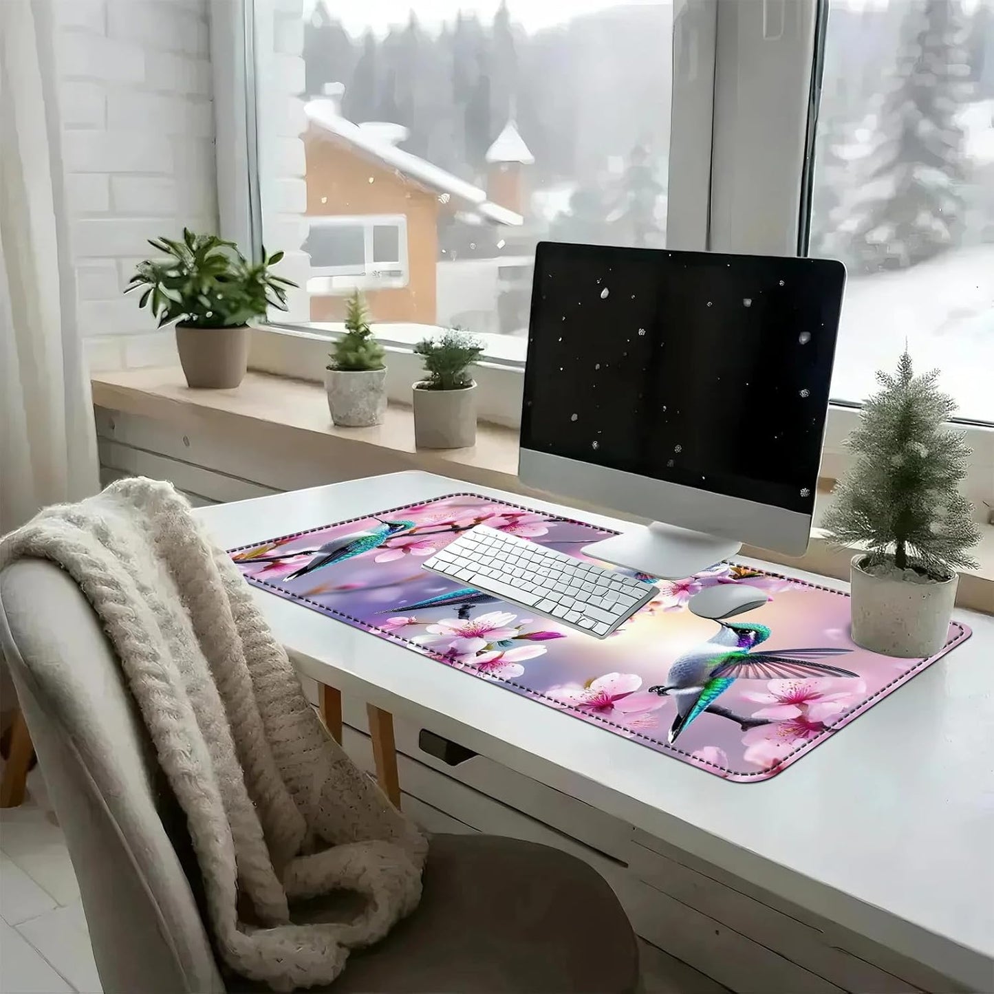 Heated Mouse Pad with 3 Temperature Settings(104°F–122°F),Large 31.5x13 Inch PU Leather Heated Desk Mat,Waterproof Warming Pad for Office,Gaming & Cold Hands Relief,Hummingbirds Flowers