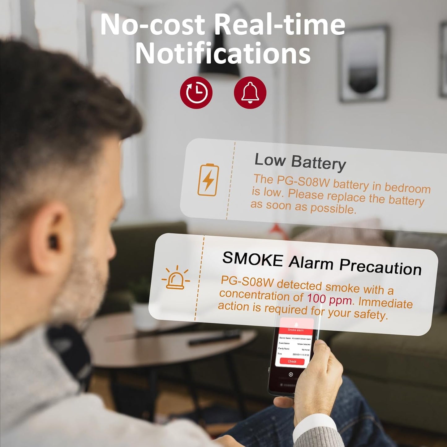 1 Pack Interconnected Smart Smoke Detector Smoke Alarm Bluetooth Real-Time App Alerts, Wi-Fi Smoke Detector Fire Detectors for Home Connectivity & 10-Year Battery Life & Multi-User Binding