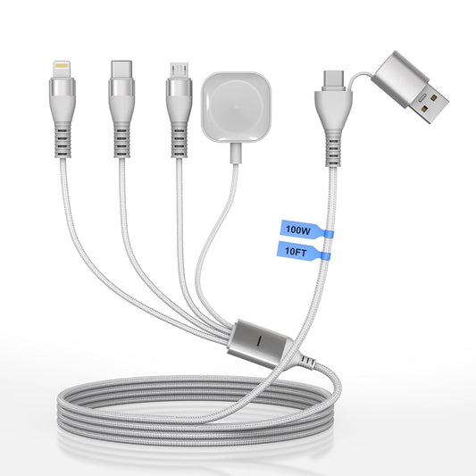 100W Multi Charging Cable for Apple Watch, 4-in-2 Charger Cord with Type C/Lightning/Micro USB/Magnetic iWatch Charger for iPhone 17-12, MacBook, iPad, Samsung, 10FT RV & Travel Essentials