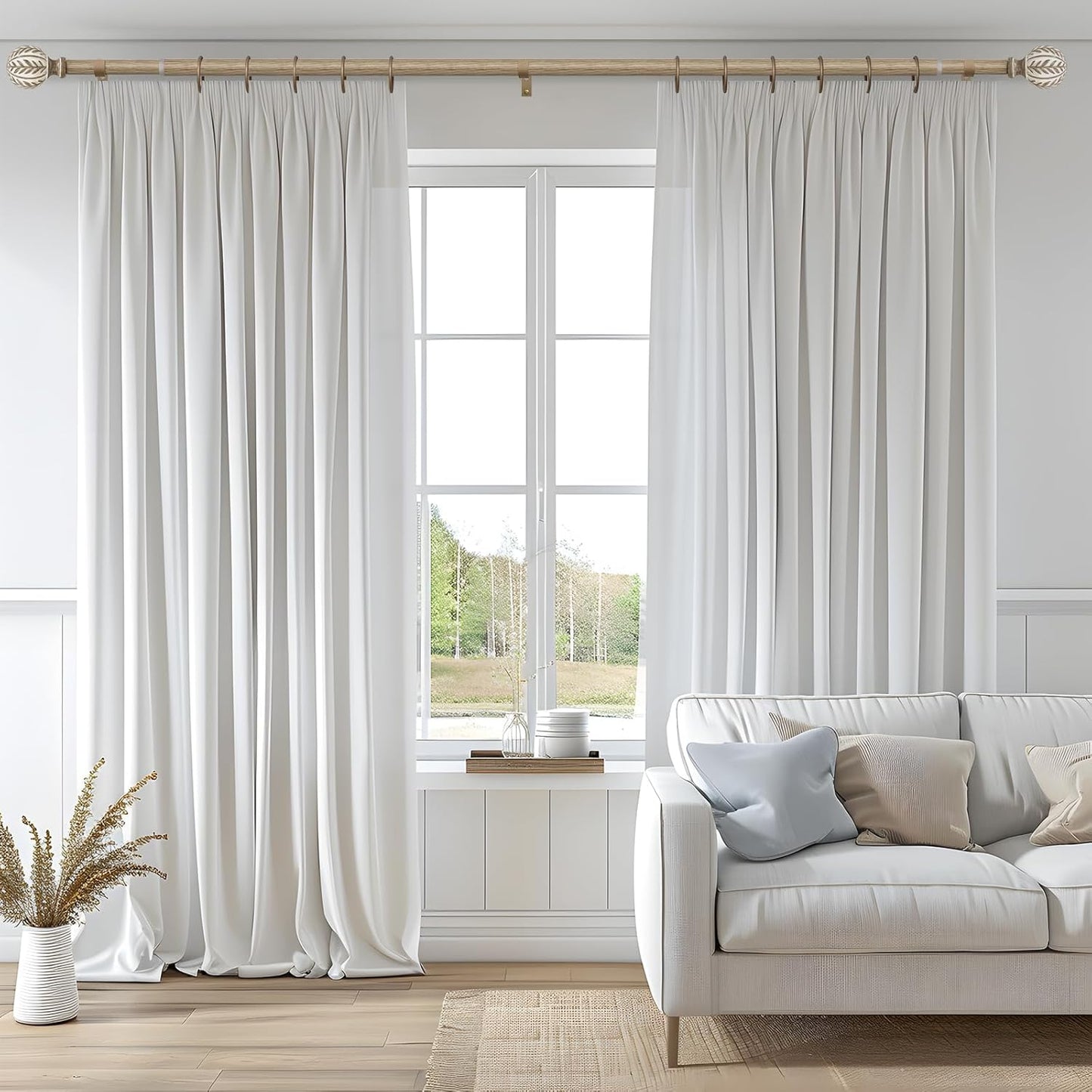 2 Pack Boho Wood Curtain Rods for Windows 48 to 84 inch,1" Adjustable Heavy Duty Window Curtain Rod with Imitation Wood Grain Finials,Rustic Decorative Drapery Rods Set 36-88'',Weathered Wood