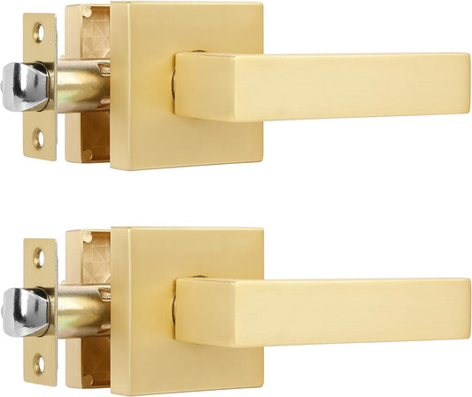 2 Pack Heavy Passage Door Handle Stain Brass Keyless Square Door Lever with Modern Contemporary Design for Hallway or Closet