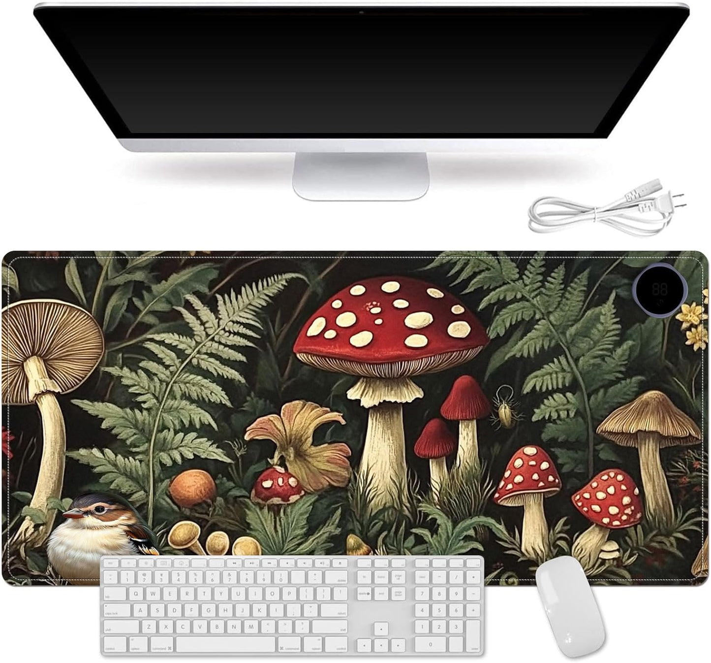 Heated Mouse Pad for Desk 31.5" x 13" – PU Leather Warm Desk Pad with 3 Heat Levels (104°F/113°F/122°F), Plug-in Electric Heating Mat with Auto Shut-Off, Waterproof & Rollable, Forest Mushrooms