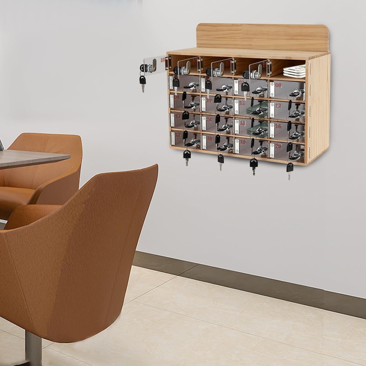 20 Slot Lockable Cell Phone Locker Box, Wall-Mounted/Freestanding Clear Acrylic & Wood Cell Phone Storage Cabinet with Door Locks and Keys for Classroom, Office, and School Employees