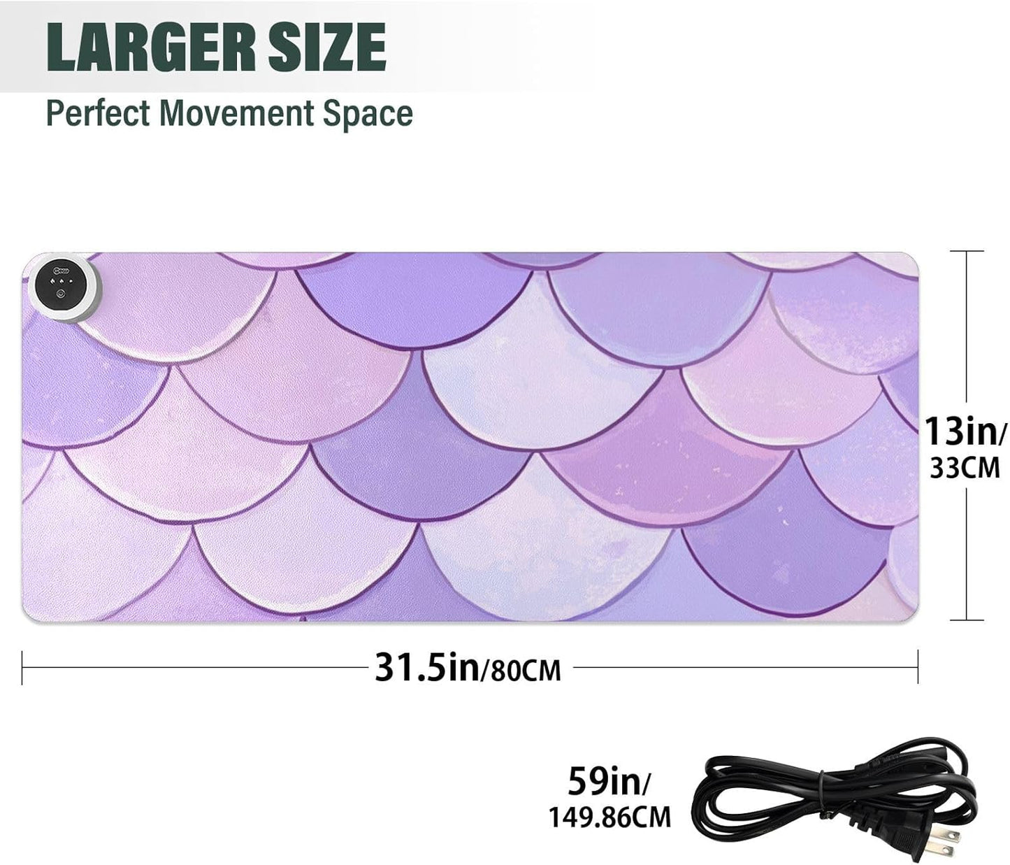 Heated Desk Pad Mouse Pad 31.5x13 Inch PU Leather Desk Mat with 3 Heat Levels Large Mouse Gaming Computer Laptop Mat Light Purple Fish Scales