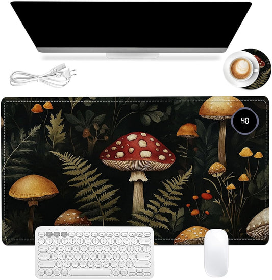 Heated Mouse Pad 23.6 x 14 in 3-Temp Fast Heating Desk Mat with Auto Timer Warmer for Hands Wrist Pain Relief Waterproof Keyboard Mat for Office, Gaming, Home, Mushroom Forest