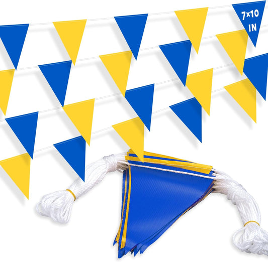 105ft Blue and Yellow Pennant Banner Flag, 7"x10" Fluorescent Safety Flagging Banner Warning Flag for Construction Site/Boundary Barrier Signs, Perimeter Marking Flags on String, 45 Flags