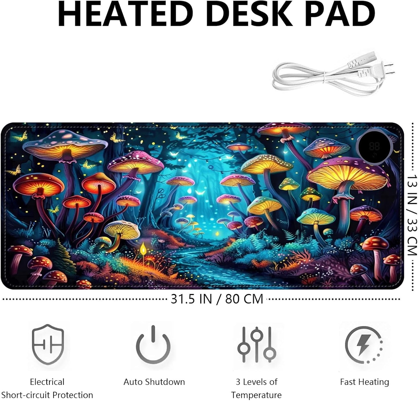 Heated Mouse Pad with 3 Levels Heated & 3 Hours Auto Shut-Off Mouse Pad for Warming Hands in Office Home, 31.5" x 13"Large Safe Desk Mat Hand Warmer，Forest Glowing Mushroom