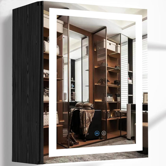20 x 30 Inch Black Wood Led Medicine Cabinet Mirror with Lights Storage Wooden Cabinets Smart Memory 3 Color Dimmable AntiFog 30" Bathroom Lighted Medicine Cabinet with Mirror and LED Light