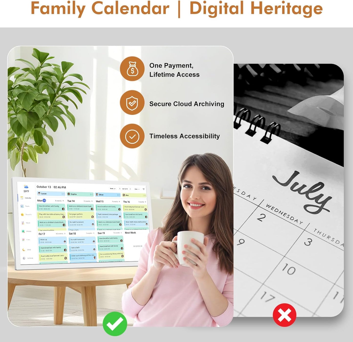 24-inch Digital Calendar for Family-Business-Planner - Touchscreen Interactive Display Smart Electronic Calendar, Auto-Sync Google iCloud Outlook Calendars, Selectable Reminders for Father and Mother