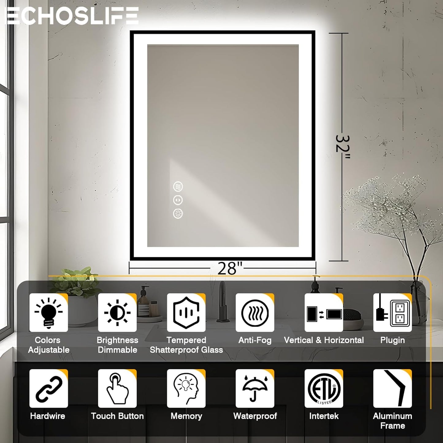 28x32 LED Bathroom Mirror - Black Aluminum Framed,Front and Backlit,Anti-Fog Framed Bathroom Vanity Mirror,3 Color Stepless Dimmable Lighted Smart Mirror(Horizontal/Vertical)