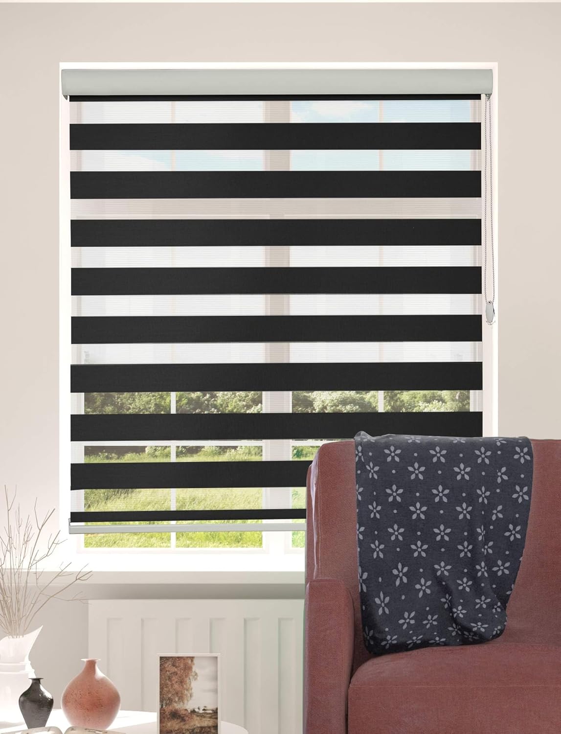 Shadesu Custom Size Zebra Blinds for Windows, 56" W x 72 H, Black, Dual Layer Free-Stop Zebra Shades, Light Control for Day and Night, Sheer Blinds for Indoor Windows, Bedroom, Kitchen