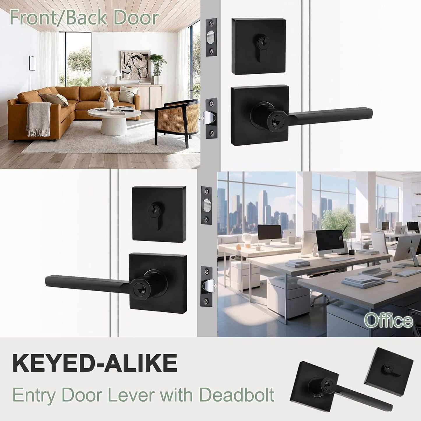 Keyed Entry Door Handle with Single Cylinder Deadbolt, Keyed Alike(Same Keys Only Per Set) Front Door/Exterior Door Lever Lockset, Matte Black, 8 Sets of Locks with 8 Sets of Different Keys