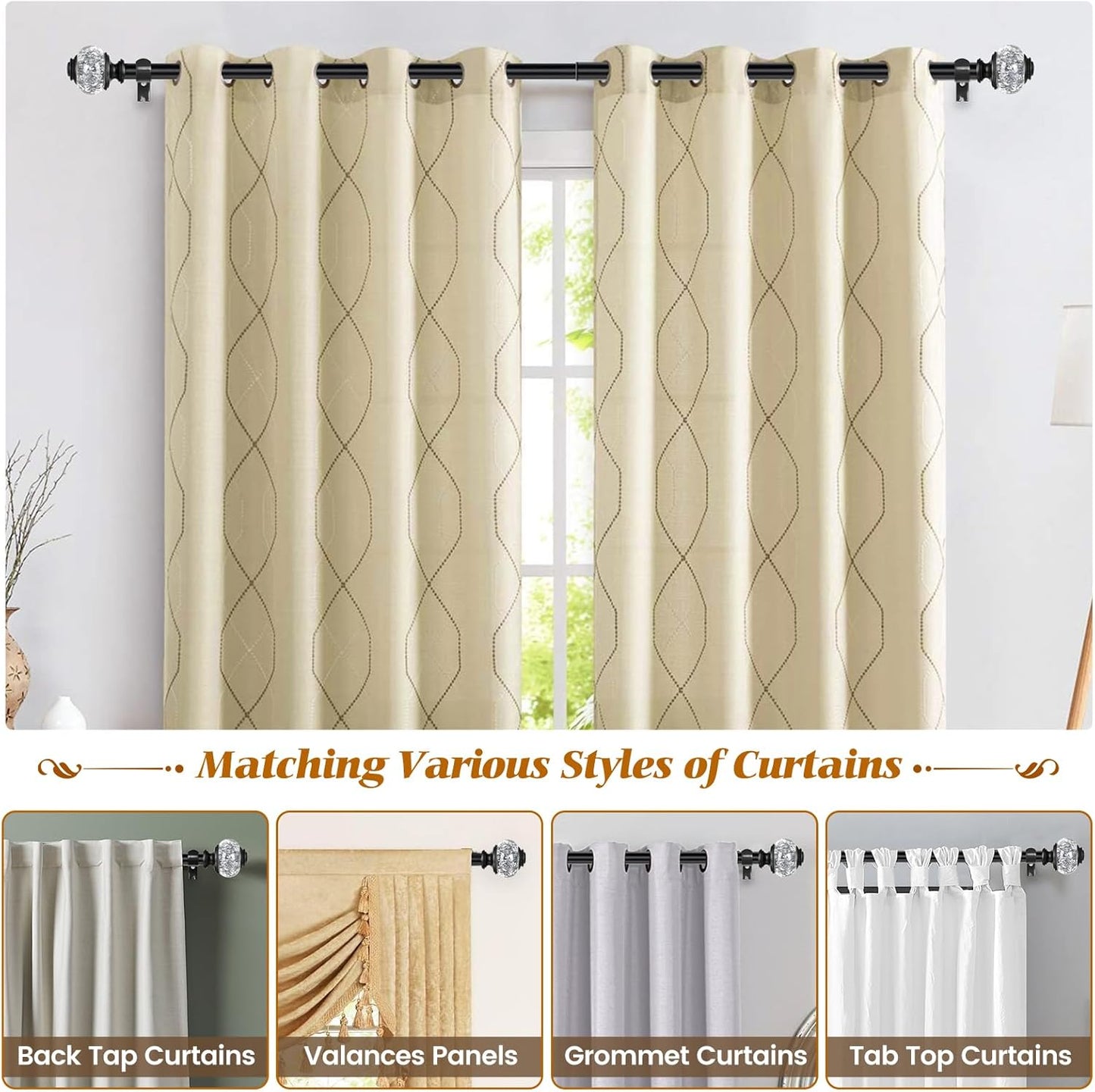 1 Inch Curtain Rods 36 to 72 Inches (3 to 6 ft) Telescoping Single Drapery Rod, USFOOK Black Curtain Rods for Windows 24 to 68 Inches with Translucent Finials