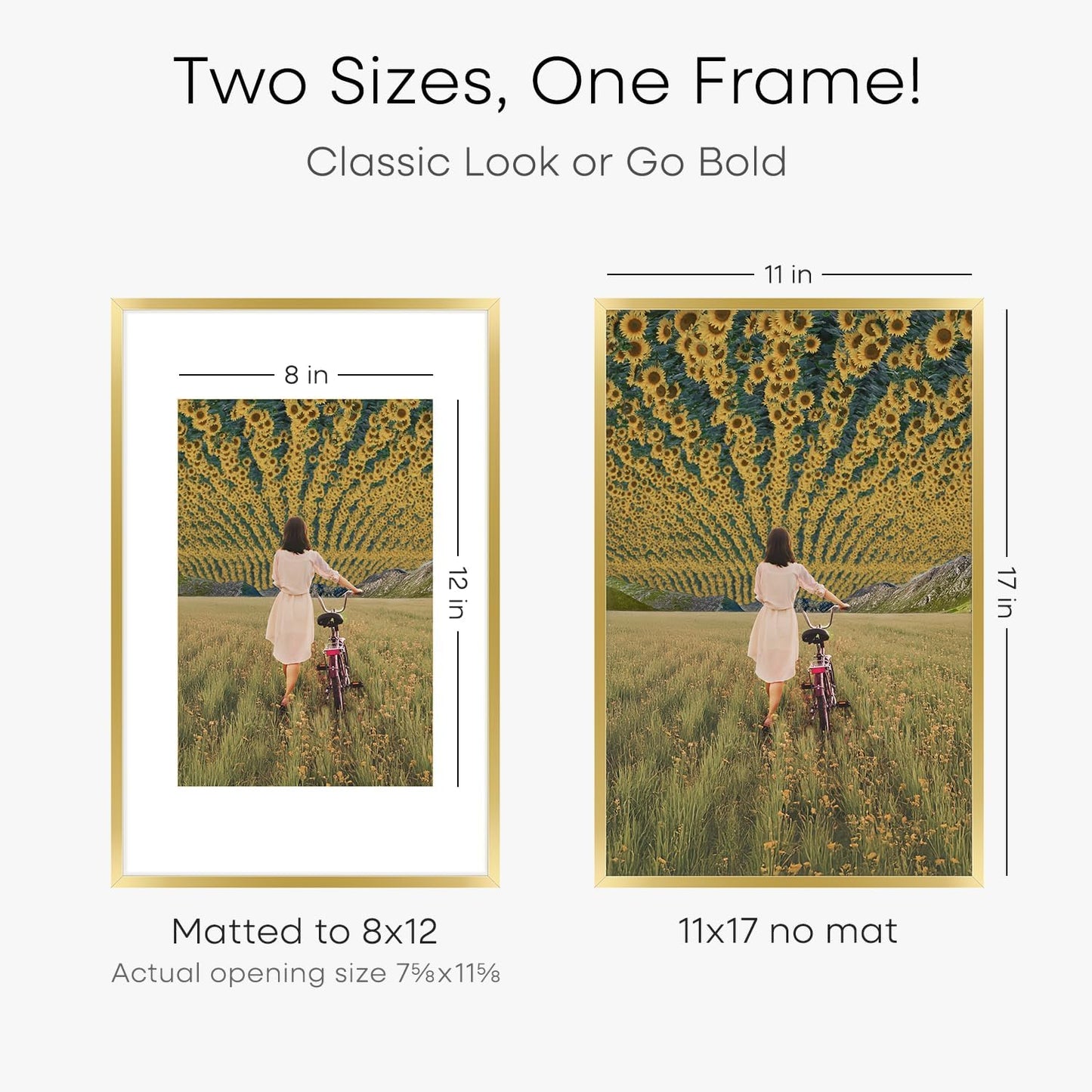 Homeforia 11x17 Picture Frame Gold, High End Metal 11x17 Poster Frames with Mat 8x12 for Photo, 11 x 17 Gold Frame Matted to 8 by 12 Print, 17x11 Thin Hanging Frame, Tempered Glass, Wall Kit, Set of 3
