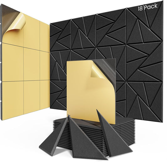 18 Pack Acoustic Panels with Self-Adhesive, 12"X 12"X 0.4"Sound Proof Foam Panels, Sound Panels High Density, Soundproof Wall Panels for Home Studio Office-Black
