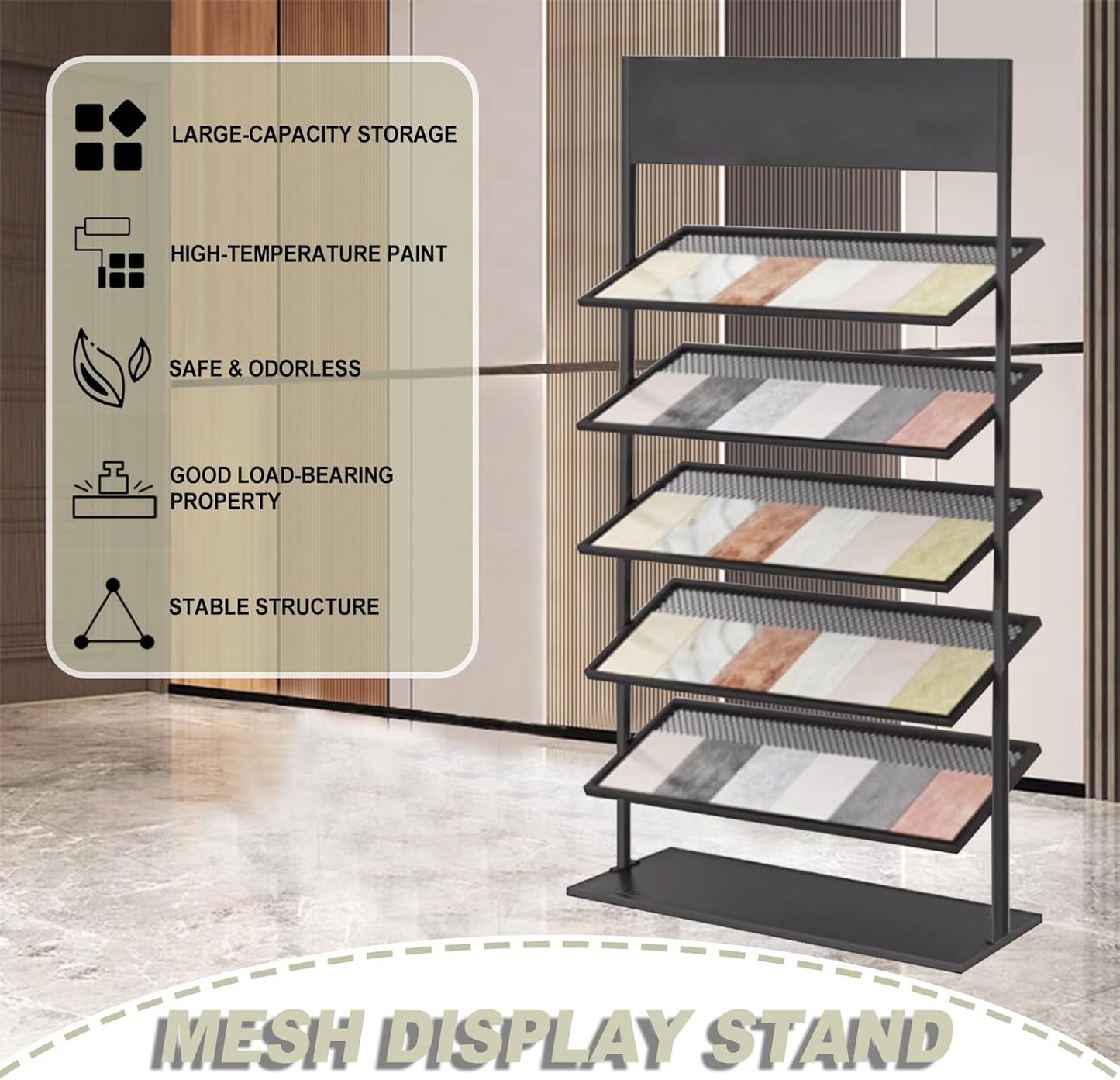 5-tier Floor Tile Display Stand, Retail Display Rack for Tile, Building Material Swatch Sample Storage Holder for Exhibition Hall Trade Show Vendor Events(Black, Height-59in)