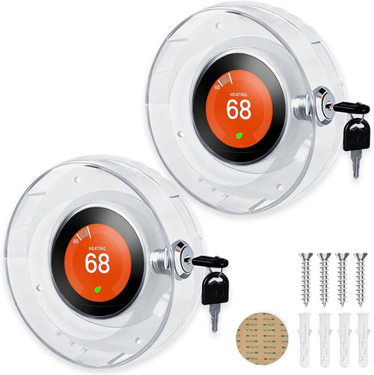 2 PC Round Baby Safety Thermostat Lock Case with Key,Thermostat Cover Universal Lock Case Clear Wall Guard Fits Round Nest Thermostat(3.5x3.5x1.9 in) or Smaller