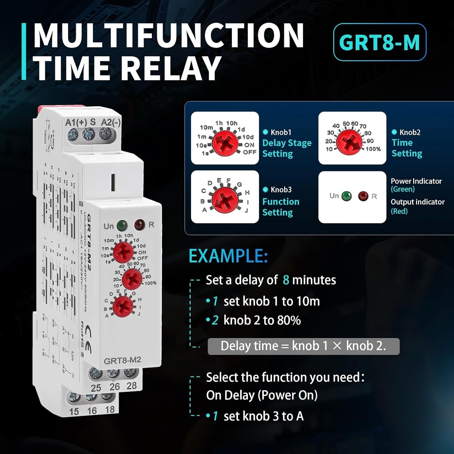 GRT8 M2 Multifunction Time Relay 2 Outputs 16A Adjustable Relay 12V Electronic Timer Relays in Din Rail, 0.1s-10 Days Wide Range Delay On Off Automation Universal Voltage Range ACDC 12V to 240V