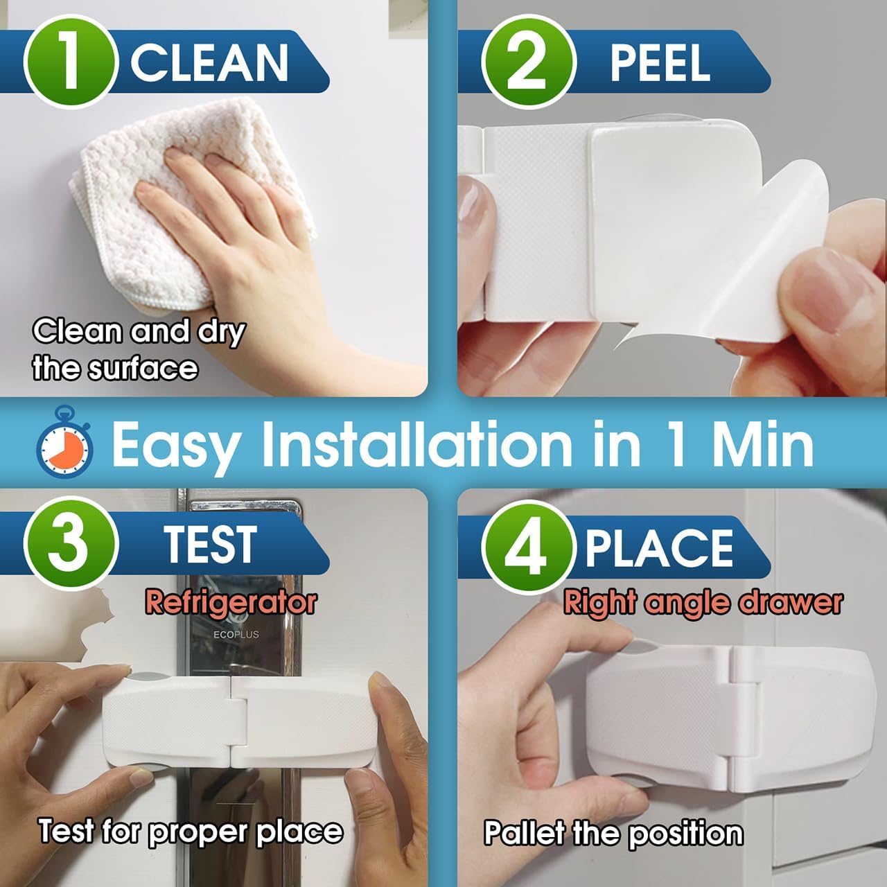 2 Pack Cabinet Locks Baby Proofing, QYESWHSR Fridge Locks for Kids with 3M Adhesive Pad, Child Proof Cabinet Locks French Door Refrigerator Freezer Lock RV Refrigerator, Oven Lock Easy Use (White)