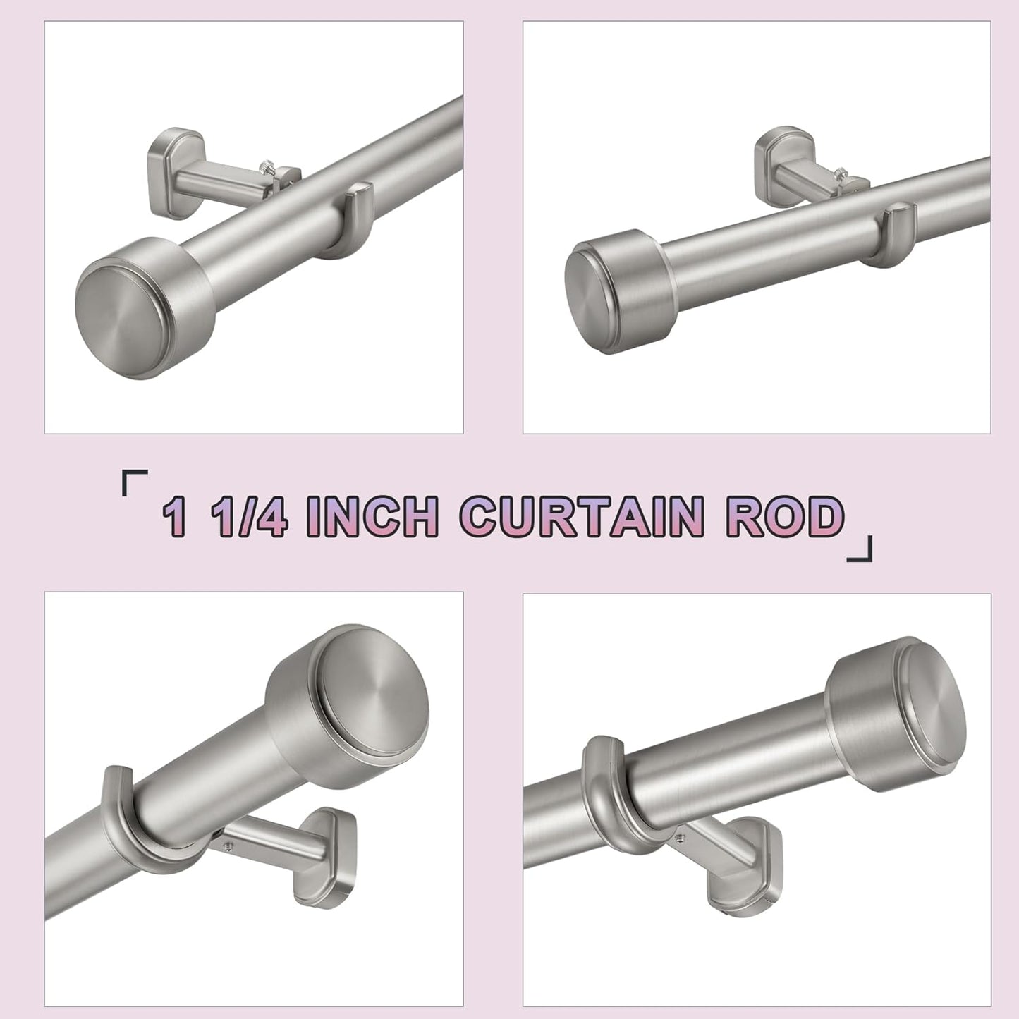 Heavy Duty Curtain Rods,1 1/4" Large Diameter Premium Nonadjustable Curtain Rod,54in/4.5ft Custom Window Treatment Rods with Durable Aluminum Brackets and End Caps,Brushed Nickel Finish