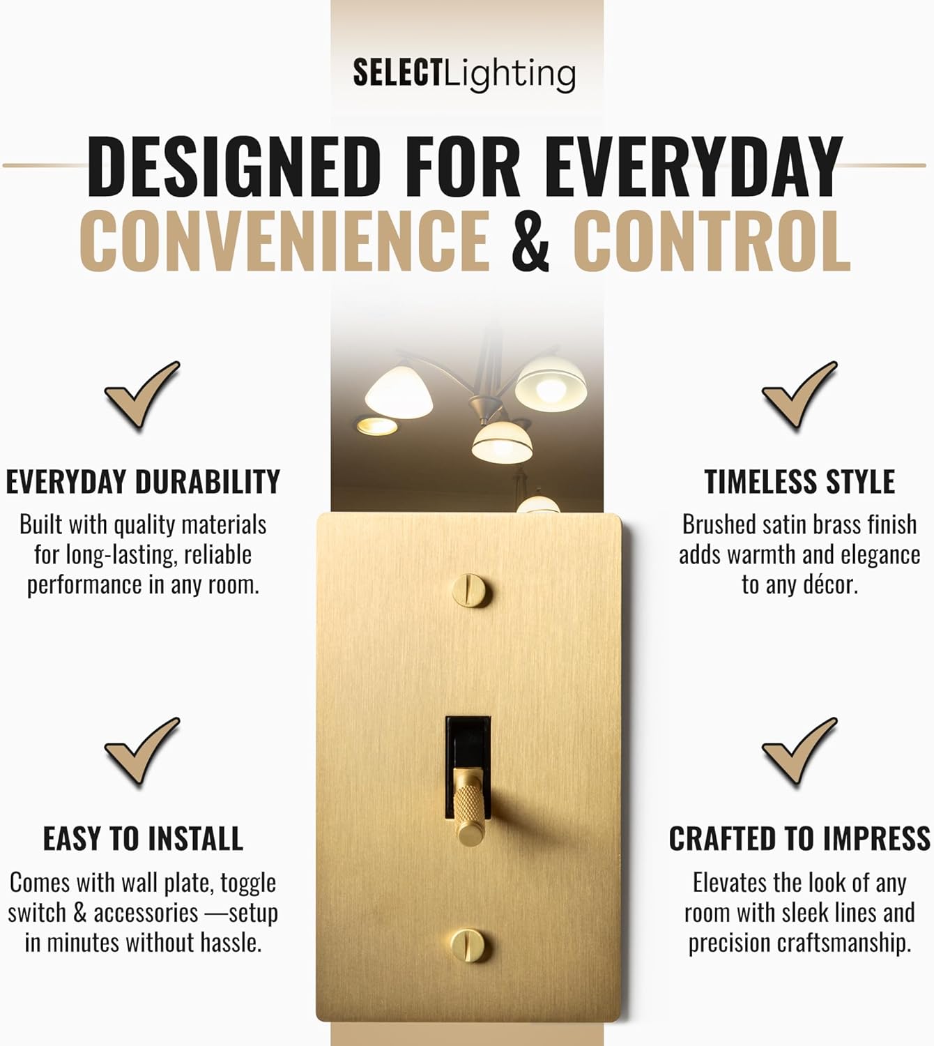 1-Gang Satin Solid Brass Plated Toggle Switch, 15A 120V AC Wall Mount, 3-Way Compatible Vintage Style Single Pole with Faceplate & Switch Module