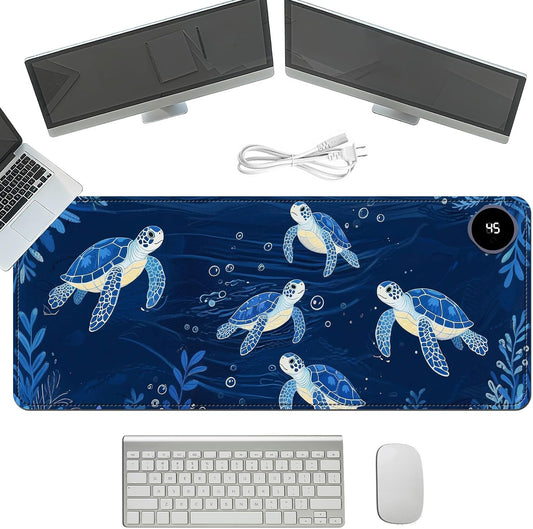 Heated Mouse Pad with 3 Temperature Settings(104°F–122°F),Large 31.5x13 Inch PU Leather Heated Desk Mat,Waterproof Warming Pad for Office,Gaming & Cold Hands Relief,Blue Sea Turtle