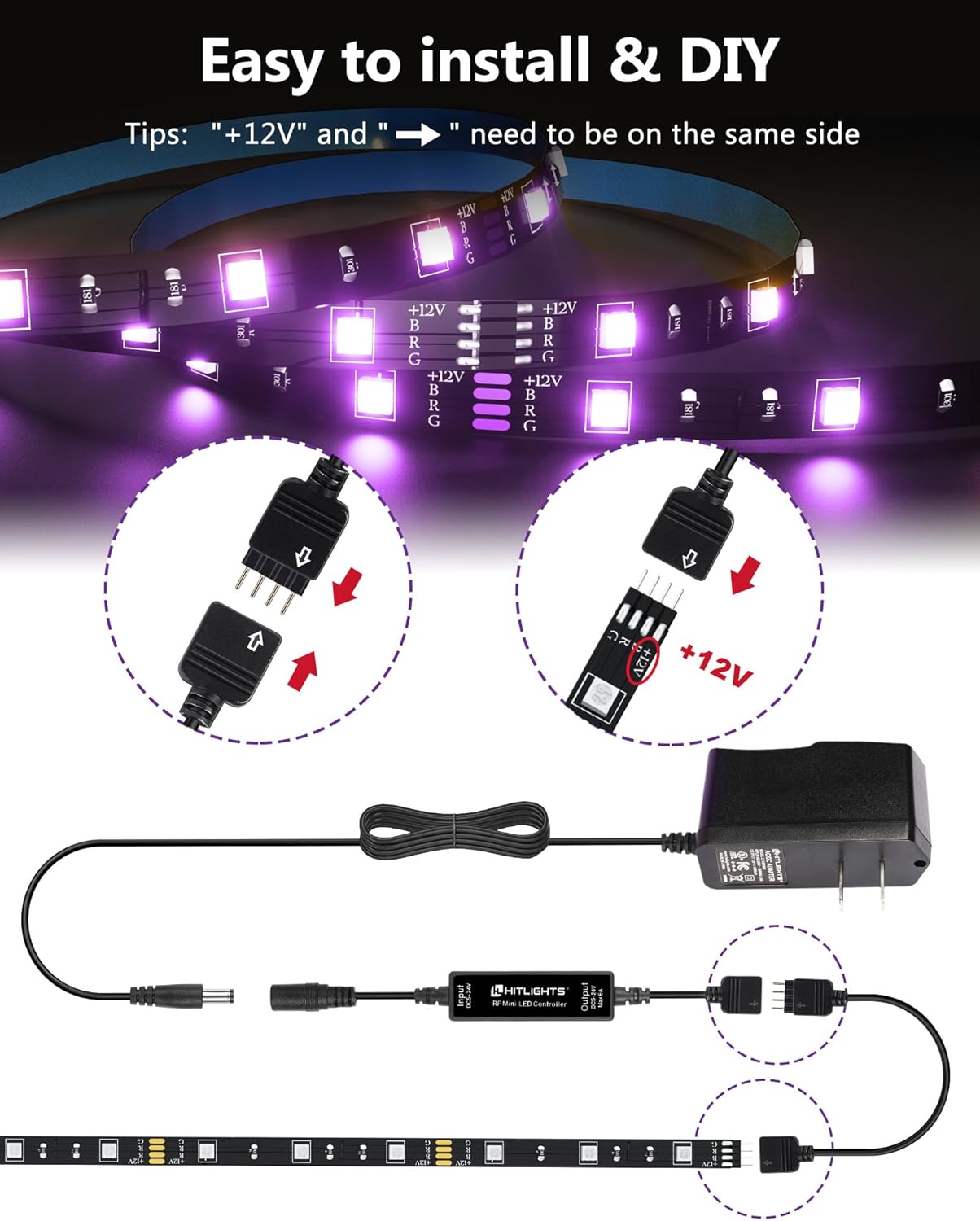 HitLights LED Strip Lights 3 Pre-Cut 12Inch/36Inch LED Light Strip Flexible Color Changing 5050 LED Accent Kit with RF Remote, Power Supply, and Connectors for TV, Home, DIY Decoration