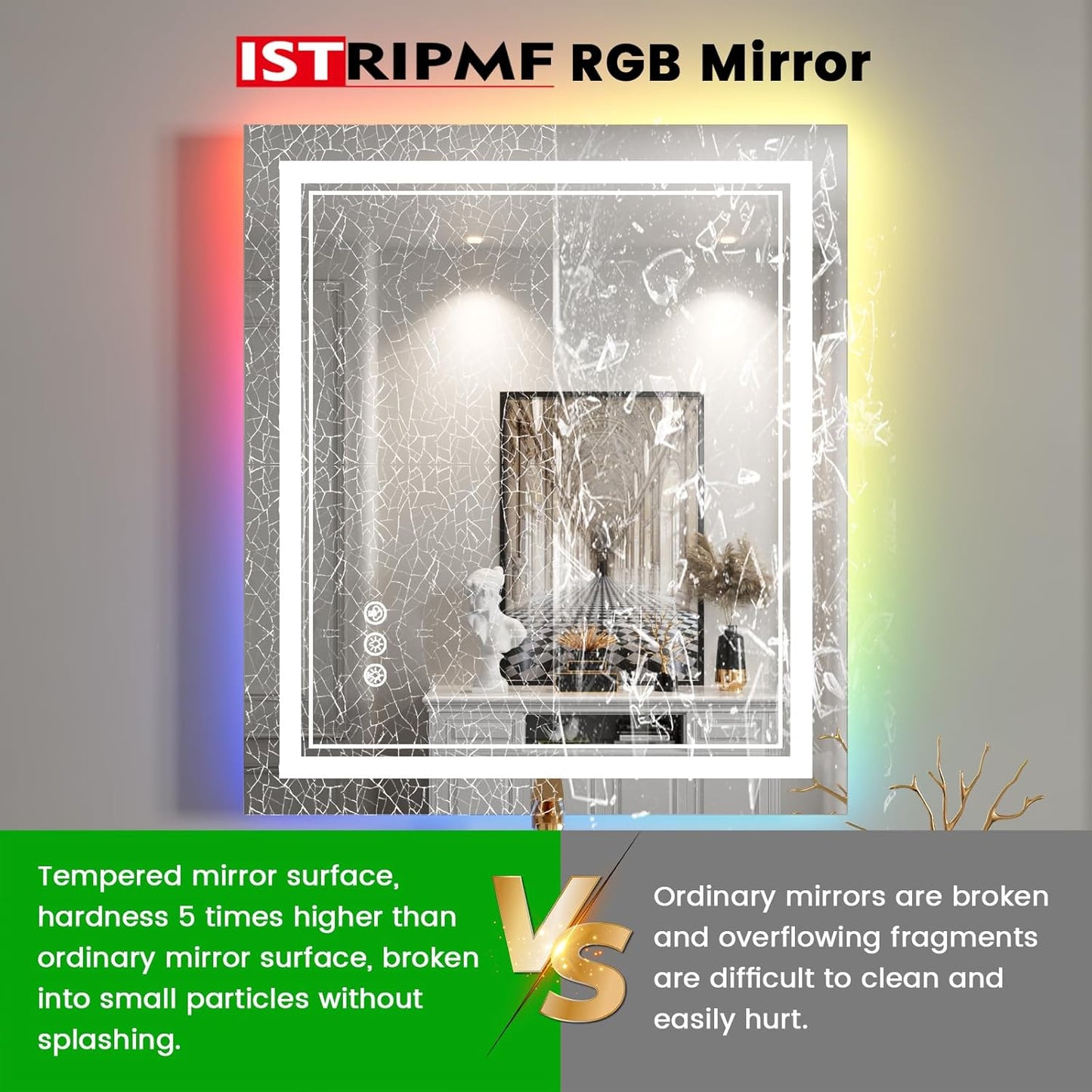 24x28 inch LED Bathroom Mirror with RGB Lights Color Changing Backlit Mirror Shatterproof Dimmable Anti-Fog Lighted Vanity Mirror (RGB Multicolor Backlit + Adjustable Front-Lighted)