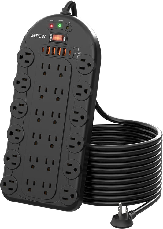 10Ft Power Strip Surge Protector with 24 AC Outlets (1875W/15A) 6 USBs (2 USB-C Ports), 3,400 Joules, Heavy Duty Flat Plug Extension Cord, Wall Mountable for Home, Office, Black, ETL Listed