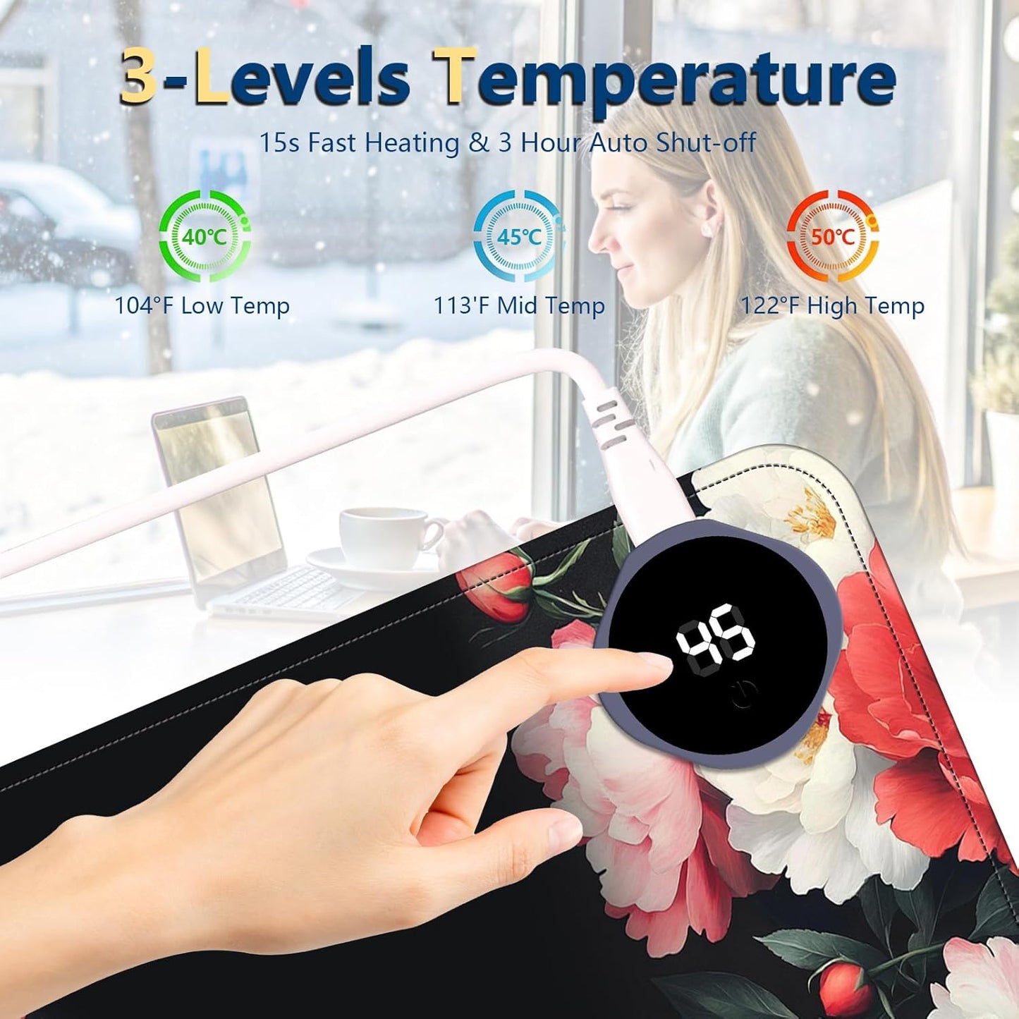 Heated Mouse Pad with 3 Temperature Settings(104°F–122°F),Large 24x14.2 Inch PU Leather Heated Desk Mat,Waterproof Warming Pad for Office,Gaming & Cold Hands Relief,Vintage Flowers