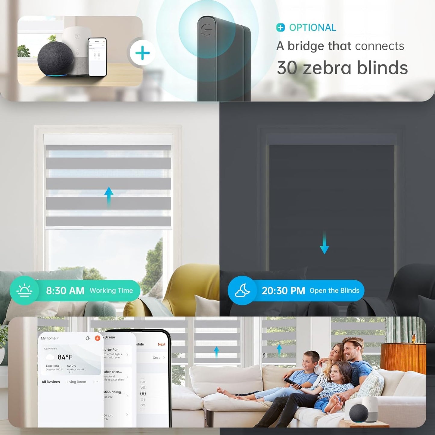 DENFOON Motorized Zebra Blinds, Solar Powered Dual Layer Automatic Shades with Remote Control, Rechargeable Smart Blinds Horizontal Wireless Electric Shades for Windows, Custom Size, Gray， 28 x 72