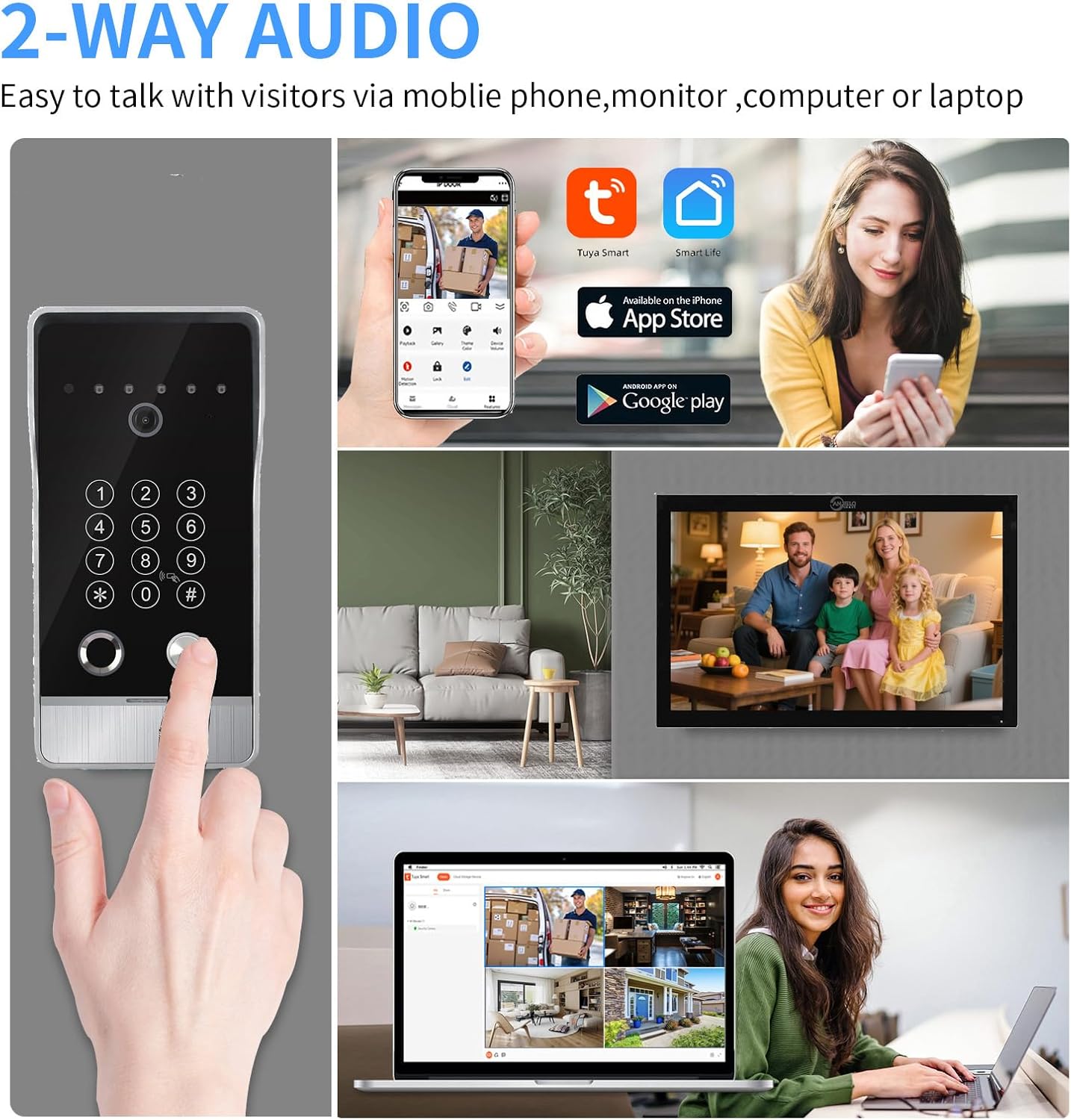 Wired Video Door Phone Apartment Intercom System,10 Inch Touch Monitor with 1080P doorbell,Support Fingerprints, RFID Cards,Passwords,Unlock Motion Detection for Home (2 Doorbell + 4 Monitor)