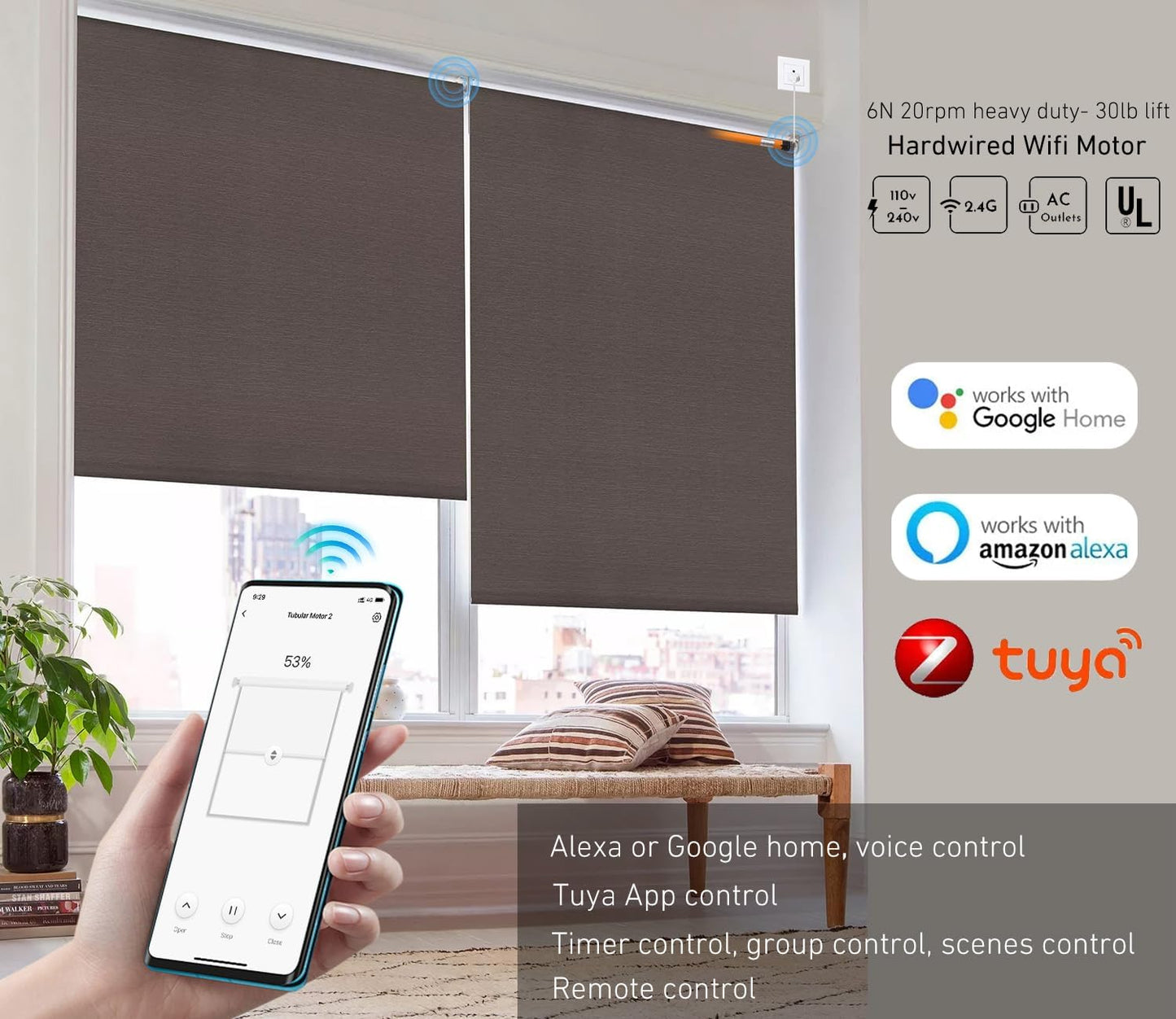 110V/120V Tuya WiFi 35mm Roller Blinds Motor Wired, 6N 20rpm, Smart Google Alexa APP Electric Remote Control Motorized Roller Blinds