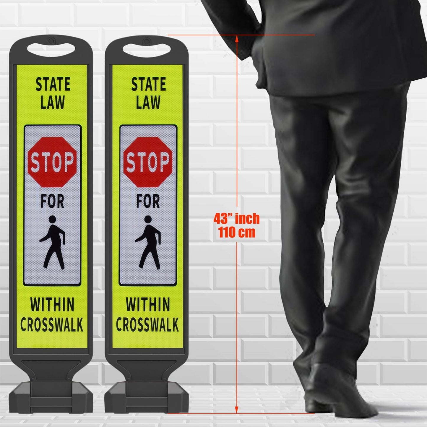 2 Pack 43" x 9.6" inch Double Sided Pedestrian Crosswalk Sign, 21.8" x 9.6" x 4" Durable HDPE Water Filled Base, Portable High Visibility Reflective Traffic Safety Parking STOP Signs (Yellow Green-2Pack)