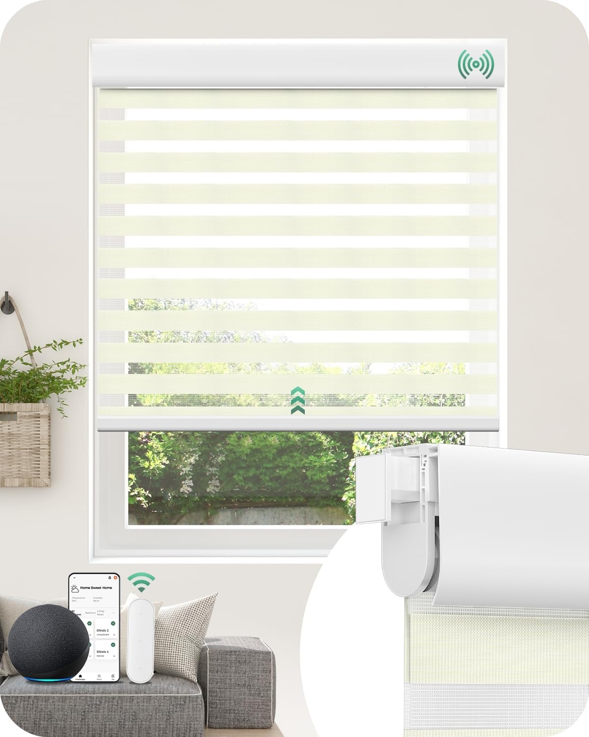 Allesin No Drill Motorized Zebra Blinds – Rechargeable Smart Dual Layer Shades with Cassette Cover, Ultra-Quiet Motor, Automatic Blind with Remote for Indoor Windows (Pearl White 34.5" W x 72" H)