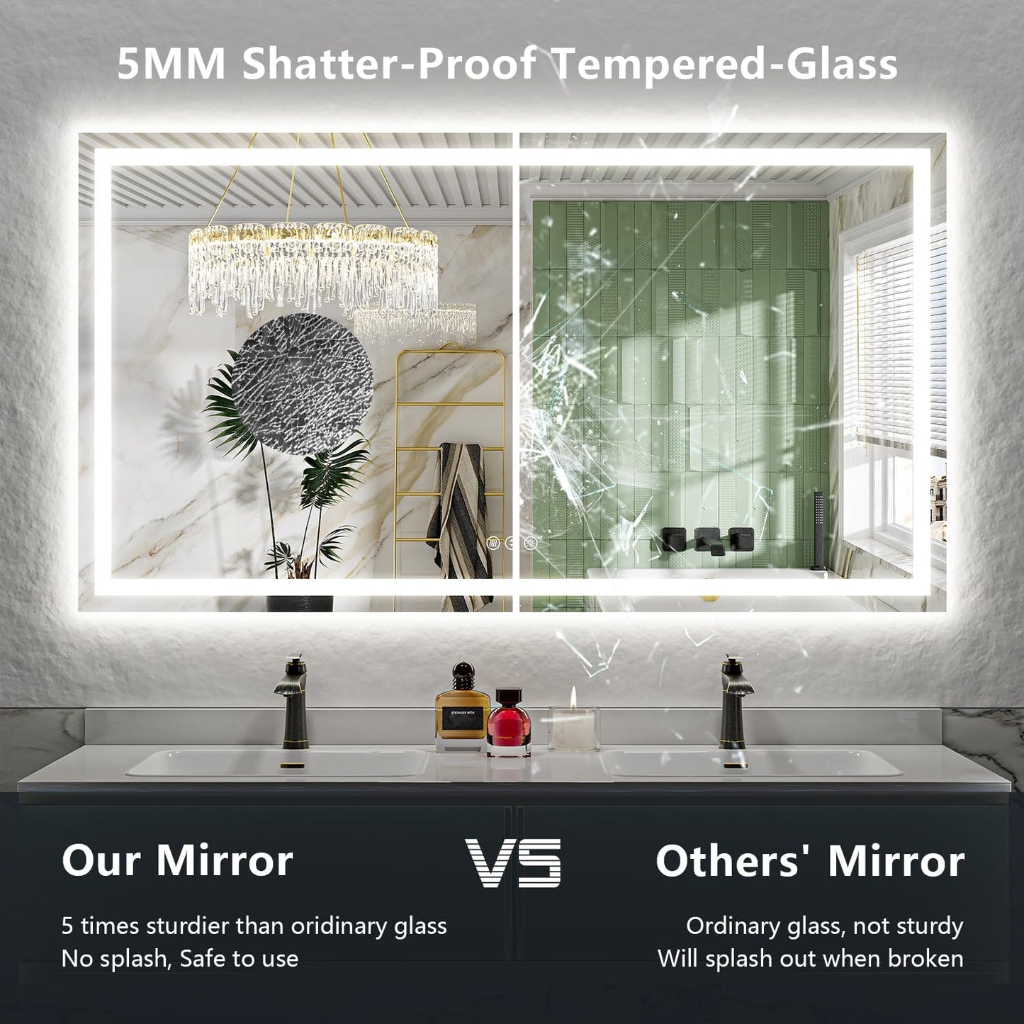 68x38 Inch LED Bathroom Mirror with Lights Front and Backlit Lighted Vanity Mirror for Bathroom Wall with 3 Colors Dimmable Anti-Fog Memory Shatter-Proof IP54 Waterproof Horizontal/Vertical