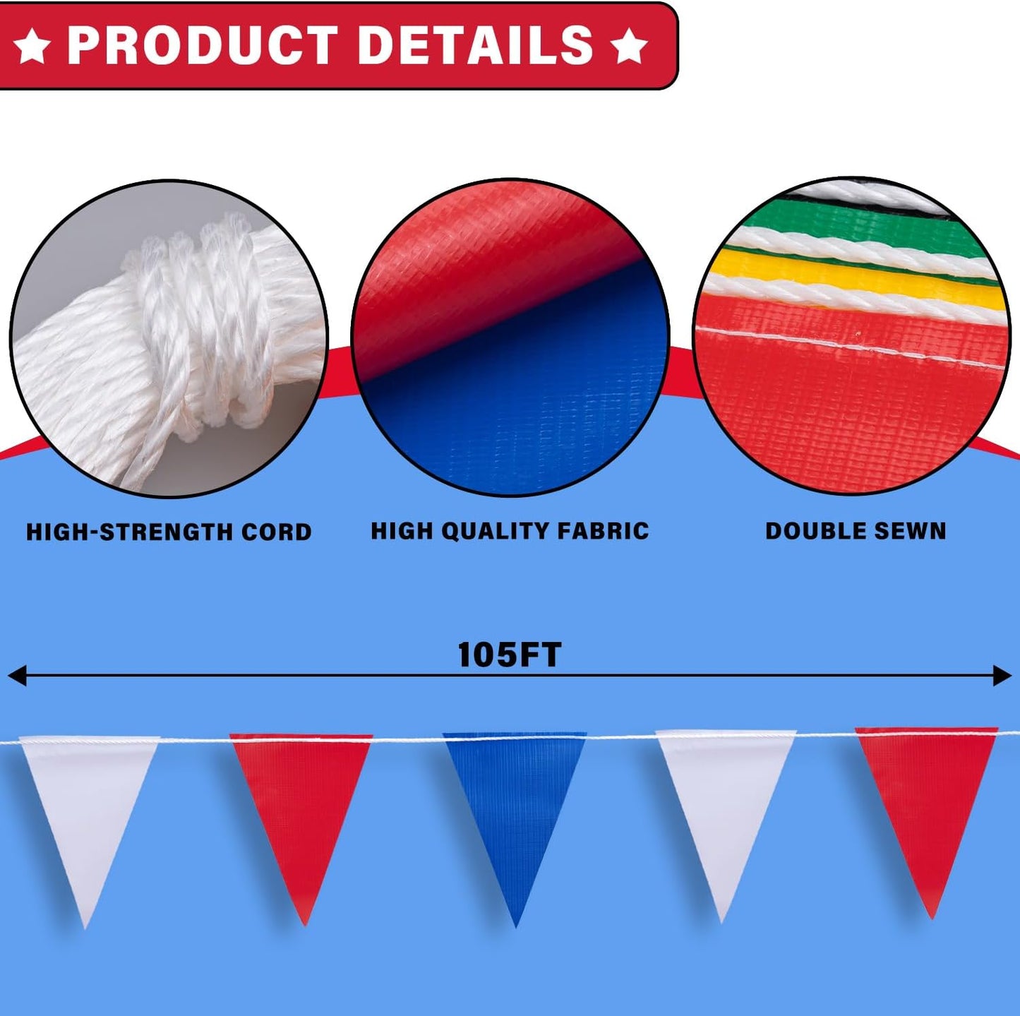 105ft Red White and Blue Pennant Banner Flag, 7"x10" Fluorescent Safety Flagging Banner Warning Flag for Construction Site/Boundary Barrier Signs, Perimeter Marking Flags on String, 45 Flags