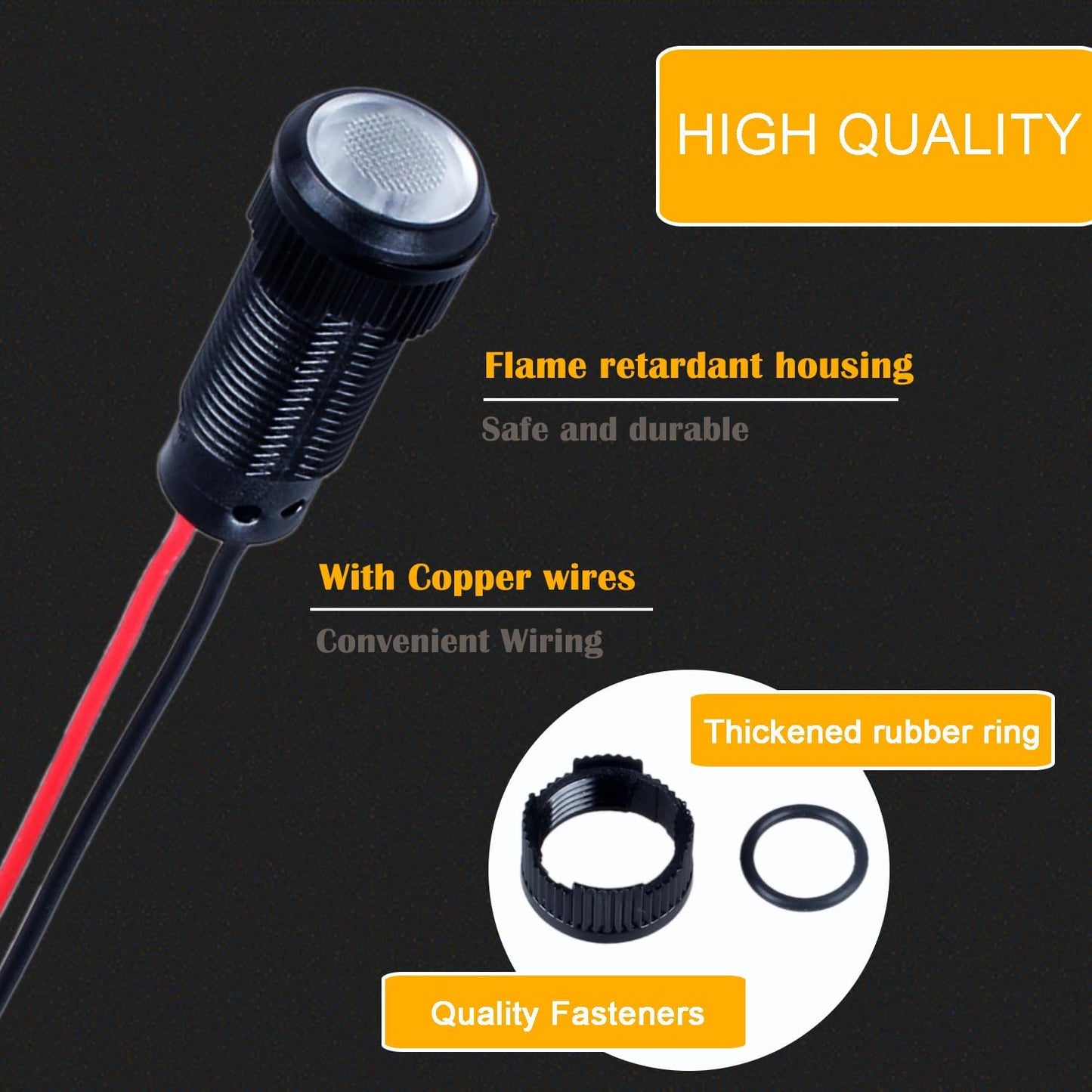 5pcs 10mm LED Indicator Light Plastic Black Signal Dot Lamp 110-220VAC 2/5" Mounting Hole Size with 15cm/5.9in. Wire (White LED)