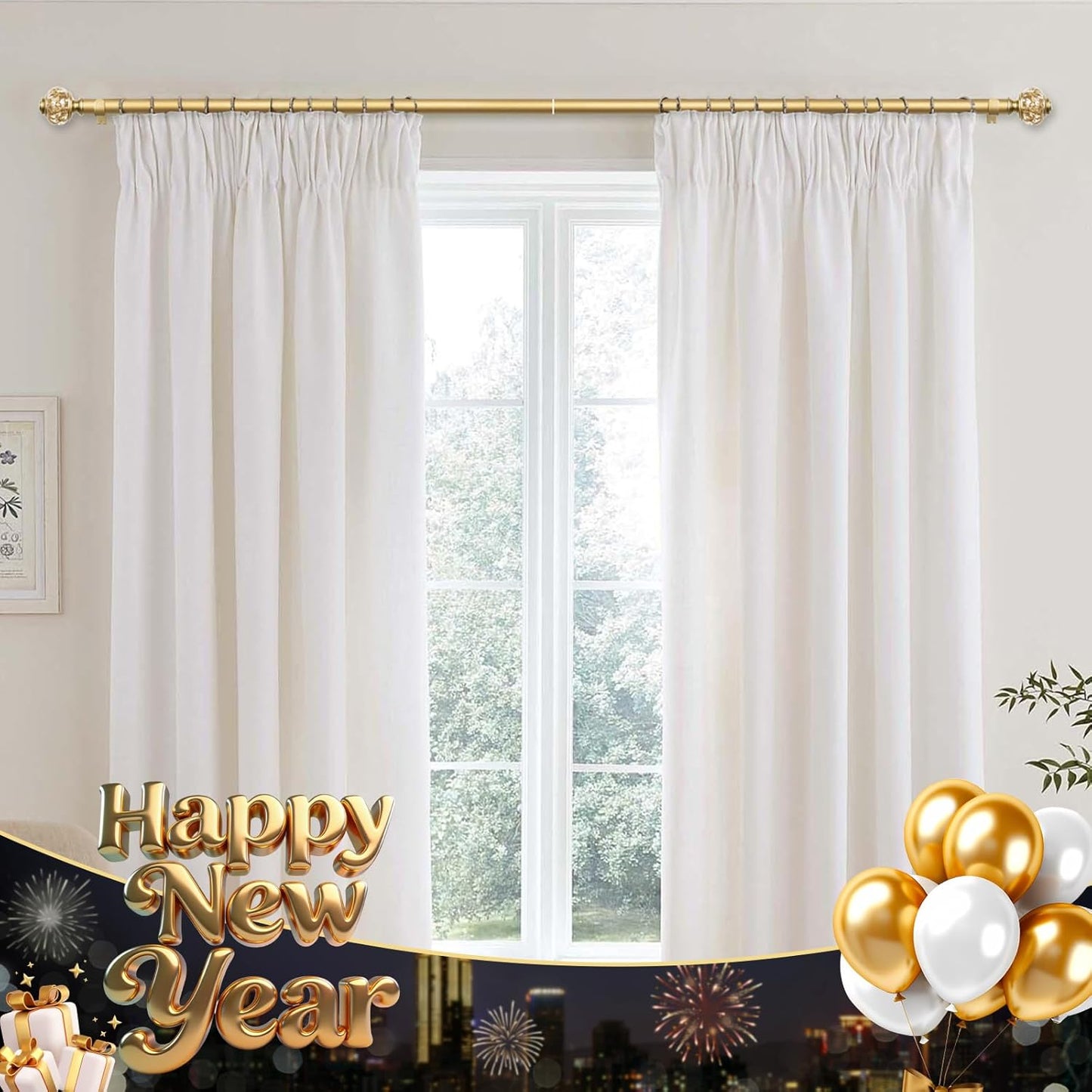 1 Inch Gold Curtain Rods for Windows 36 to 72 Inches (3 to 6 ft), USFOOK Telescoping Single Drapery Rod, Decorative Curtain Rod with Luxury Translucent Finials