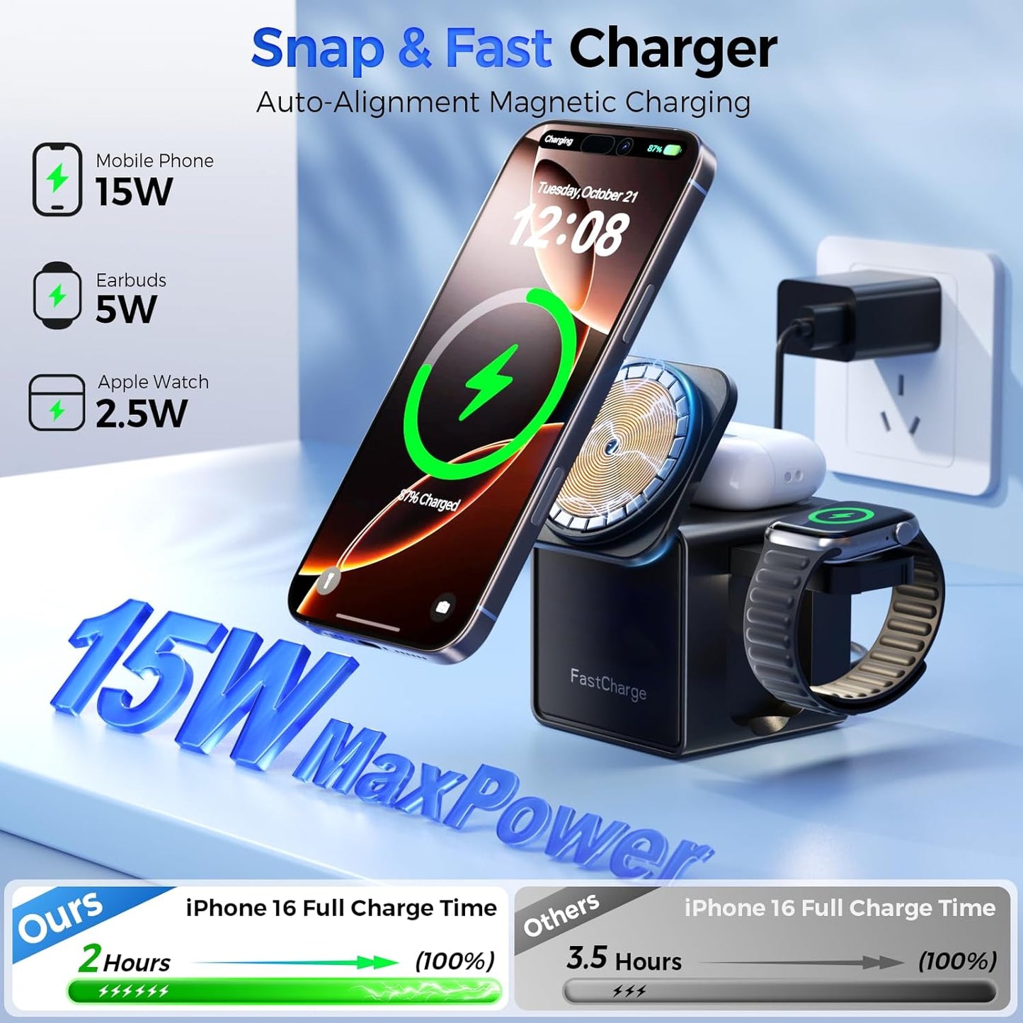 3 in 1 Charging Station for Apple, 15W Fast Magnetic Wireless Charger Station with Night Light, Travel Accessory Mag-Safe Stand for iPhone 17 16 15 14 13 12 - Apple Watch - AirPods(Adapter Included)