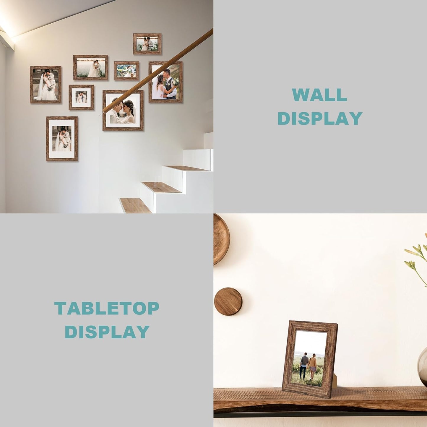 iRahmen 10x10 Picture Frame Set of 4 with Real Glass, Rustic Frames Display 8x8 Picture with Mat or 10 x 10 Without Mat, Wooden Square Photo Frame for Wall Mount and Tabletop Display