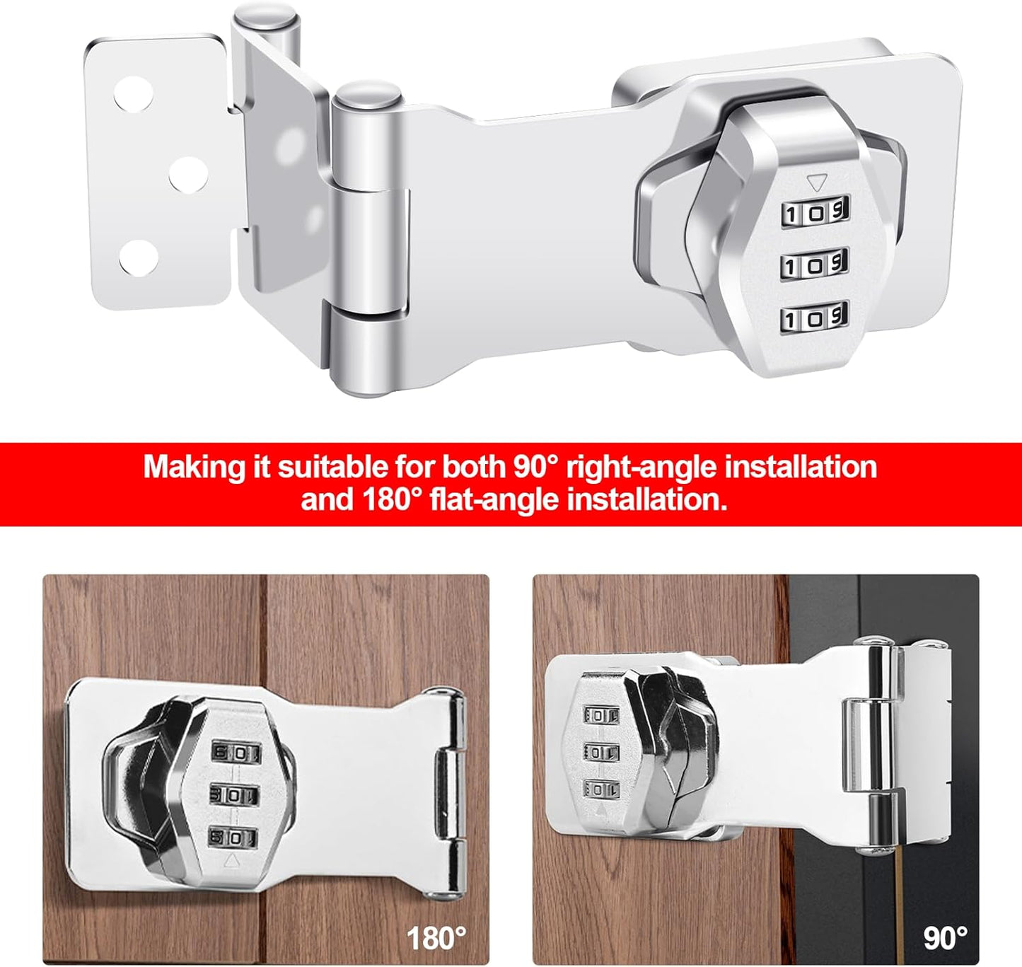 1 Pack Password Rotary Hasp Locks, Collapsible Solid 304 Stainless Steel File Cabinet Lock Desk Drawer Lock, for 90 Degree and 180 Degree Drawers, Dabinets, Doors, Flip Barn Door, Outdoor (White)