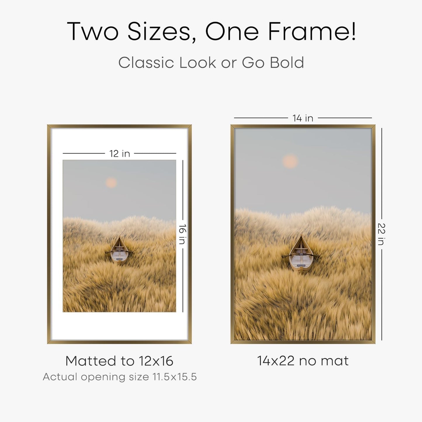 Homeforia 14x22 Picture Frame Bronze, High End Metal 14x22 Brass Poster Frames with Mat 12x16 for Photo, 14 x 22 Frame Matted to 12 by 16 Print, 22x14 Hanging Frame, Tempered Glass, Wall Kit, Set of 2