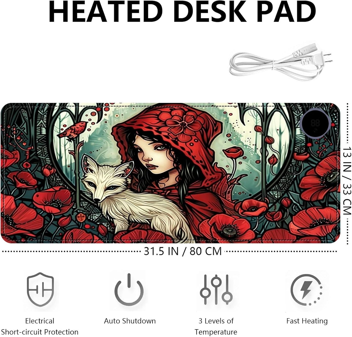 Heated Mouse Pad with 3 Levels Heated & 3 Hours Auto Shut-Off Mouse Pad for Warming Hands in Office Home, 31.5" x 13"Large Safe Desk Mat Hand Warmer，Girl White Fox