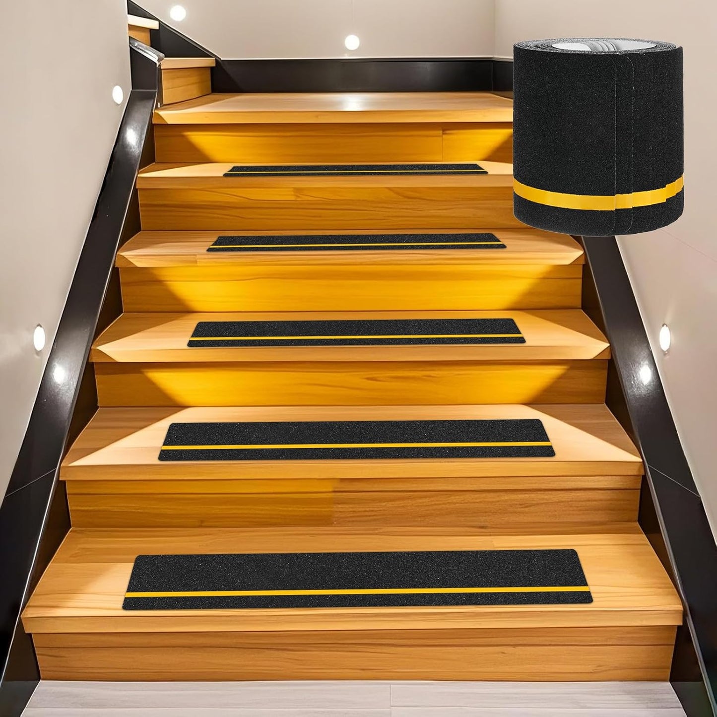 10-Pack Anti Slip Traction Tape 24" x 6" Best Grip Tape Grit with 12mm/0.47" Glow in Dark Stripe High Traction Friction Abrasive Adhesive for Indoor/Outdoor Stairs[Black+Yellow]